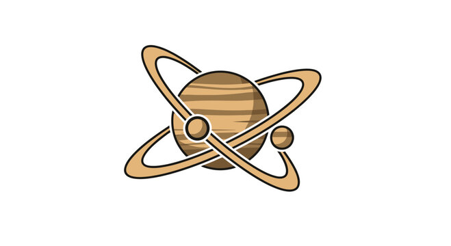 Brown and beige illustration of a planet with rings and connected circles