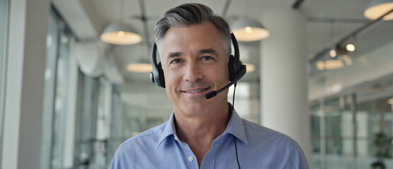 Friendly Face of Support: A seasoned professional, radiating approachability, offers unwavering support, enhanced by a modern headset.