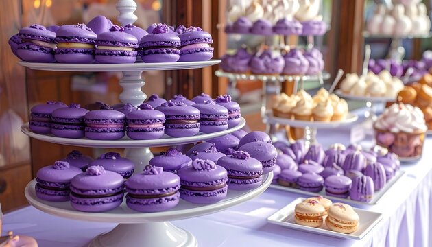 Elegant display of purple macarons and desserts on tiered serving platters and a table