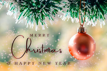 Merry Christmas and Happy New Year text with Christmas decoration background. Christmas celebration concept.
