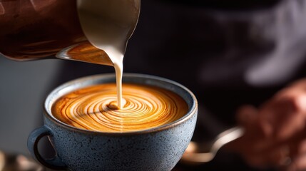Smooth Cream Pouring into Coffee Cup Creating Beautiful Swirl Pattern with Warm Tones and Soft Lighting in a Cozy Cafe Setting