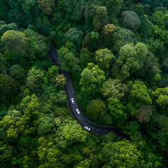 Aerial View of Green Tropical Rainforest with Winding Road and Cars in Dense Jungle Canopy on Sunny Day a Scenic Landscape Lush Greenery Trees Road Trip Adventure