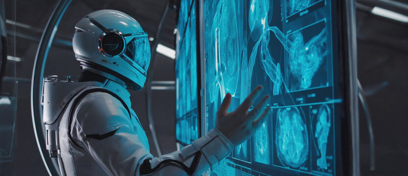 Astronaut Analyzing Advanced Data: A space explorer wearing a helmet and advanced suit, scrutinizes an interactive holographic display within a futuristic laboratory.