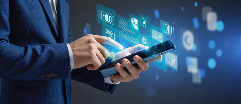 Digital interaction: An executive, dressed in a sharp suit, navigates a digital interface on a tablet, symbolizing the interconnectedness of modern business and technology.