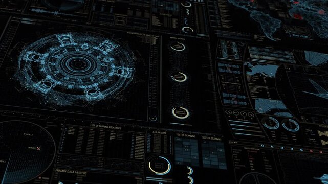 Animated Military Specifications And Graphs For Defense Presentations. Moving graphs and military equipment contours with technical specifications on dark background at an angle.