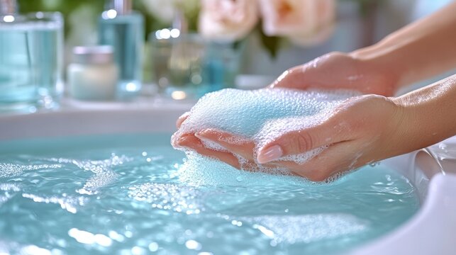 Hands submerged in warm water create delicate bubbles, evoking a calming spa experience and a touch of luxury