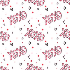 Romantic seamless pattern with XOXO letters and hearts. Perfect for Valentine’s Day cards, gift wrapping, posters, and textiles. Cute love print in modern style