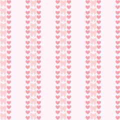 Vertical Valentine Pink Hearts, Festive Seamless Pattern with Bows, Valentine's Day Print, Simple Love Minimalist Paper