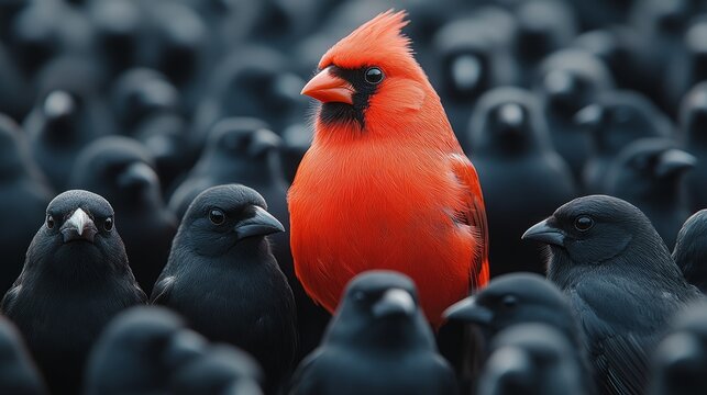 A brilliant red cardinal captures attention among a crowd of black birds, showcasing a remarkable contrast in nature