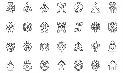 Intricate Outline Icons Connectivity, Collaboration, and Social Interaction Symbols in Vector Format