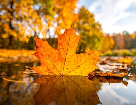 Close-up of a vibrant orange maple leaf floating on water with autumn trees blurred behind