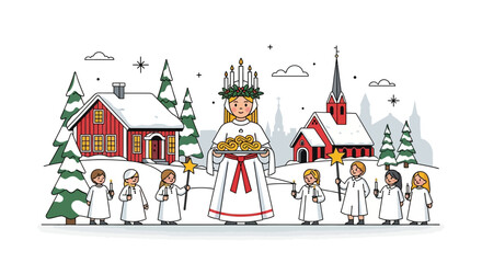 Winter celebration of Saint Lucia Day in a snowy Scandinavian village with a traditional procession of children