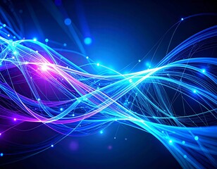 Futuristic glowing abstract light waves with digital particles on a dark blue background