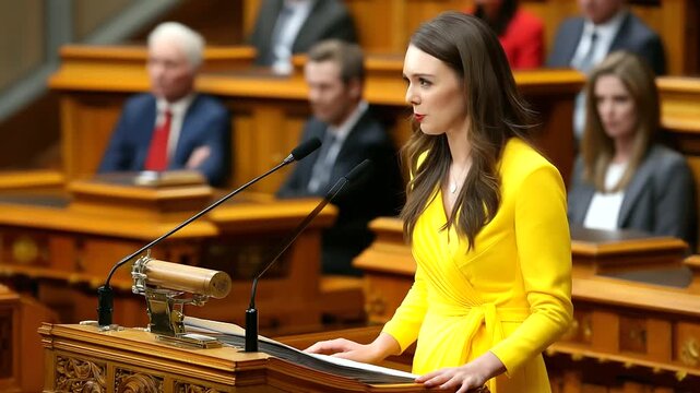 Opposition leader address parliament challenge, points sharp, reform push, photorealistic stolen moment by a debate firebrand artist.