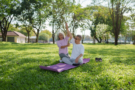 Happy senior Asian couple doing yoga exercise together sunny outdoor park. Healthy active lifestyle for an elderly man and woman enjoying life