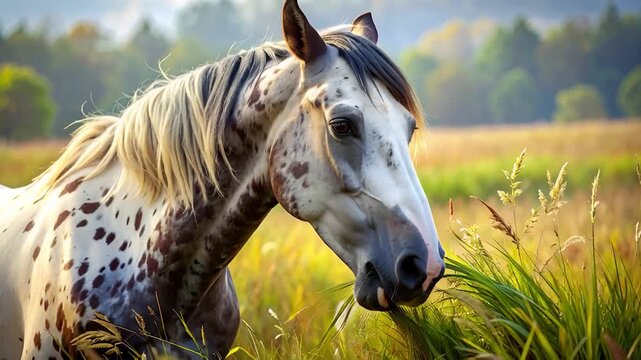 Close-up of an Appaloosa horse with a spotted coat grazing in a sunlit field
