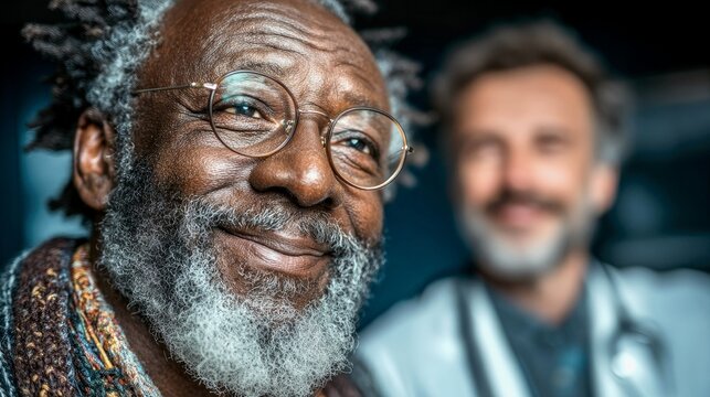 A close-up portrait of a smiling Black man wearing round glasses and a patterned sweater, with a blurred doctor in a lab coat visible behind him. - Powered by Adobe