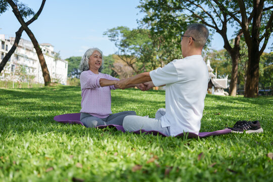 Calm senior asian couple stretching on yoga mat in green park. Enjoying healthy active lifestyle exercising together outdoors on grass