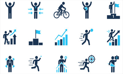 Collection of success and achievement icons teamwork, growth, fitness, and reaching goals