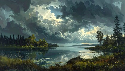 Dramatic landscape painting of a lake with stormy clouds and reflections