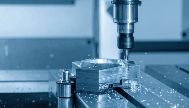 Close-up of a machine milling a metal piece in a workshop