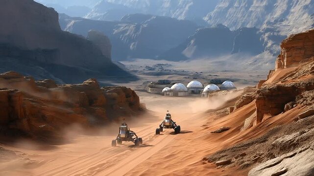 Planet colonization settlers building domed habitats on Mars-like terrain, rovers assisting, red dust swirling, pioneering spirit, photorealistic, captured by a sci-fi explorer ph