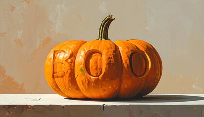 A bright orange pumpkin carved with the word BOO for Halloween decoration.