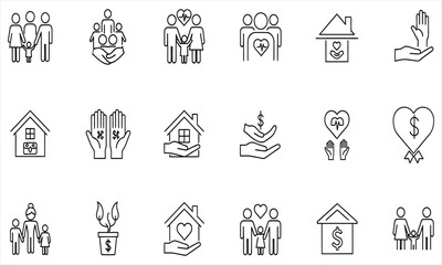 A collection of line icons representing charity, community support, family care, and donations for social welfare projects