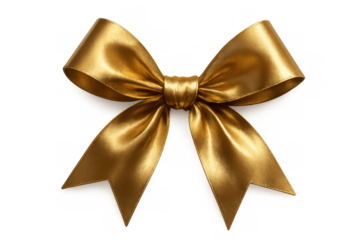 Golden satin gift bow creating a decorative knot, shiny ribbon element for luxury presents, isolated with transparent background