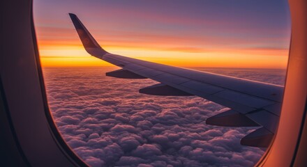 Obraz premium Airplane Wing View at Sunset - A Journey Above the Clouds.