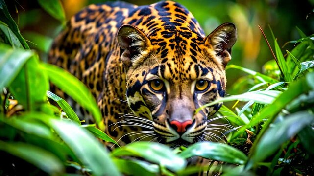 Clouded Leopard in Lush Green Jungle Stalking Prey with Intense Gaze.