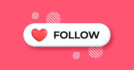 3D heart like icon with follow. Interactive social media UI design including hand pointer click symbol and search bar. Perfect for web banners and app layouts. Vector graphic.