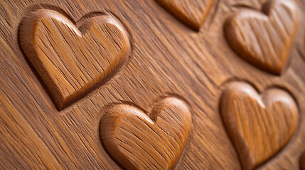 Detailed close-up of heart shapes carved into a textured, wooden surface.  The wood grain adds depth and rustic charm, highlighting the artistry of the carved design.