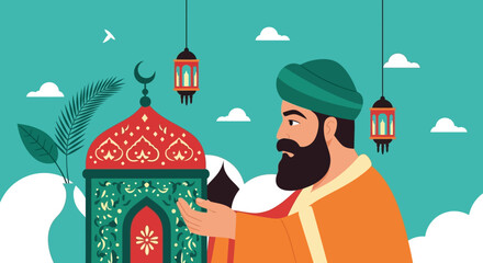 Muslim Man Praying in front of Decorated Dome Illustration