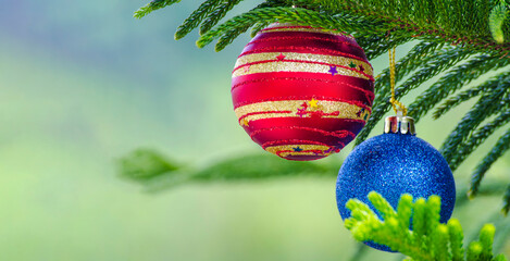 Close up of view of Christmas balls on pine tree. Christmas celebration concept.