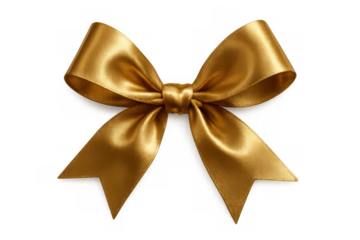 Golden satin bow with classic elegant design for gift wrapping and celebratory decoration, transparent background