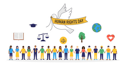 Global Human Rights Day celebration illustration with diverse people holding hands, symbolizing unity, justice, equality, and peace worldwide