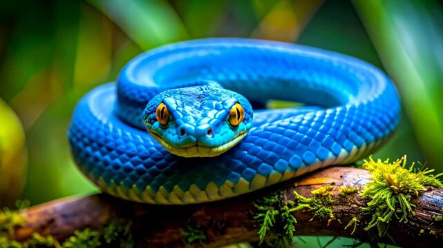 Vibrant Blue Pit Viper Coiled on Mossy Branch in Lush Rainforest.
