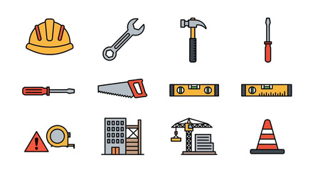 A collection of vibrant vector illustrations featuring construction tools and related items, perfect for design assets