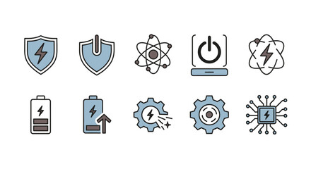 A set of ten colorful icons illustrating concepts related to electricity, power, energy, technology, and electronics, with shield, atom, battery, and gear symbols