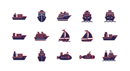 A collection of stylized maritime vessels, rendered in a flat, geometric style. The illustrations feature various ships, boats, and submarines with a distinct two-color palette