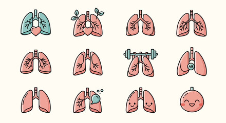 A grid of cartoon lungs with various embellishments hearts, leaves, weights, speech bubbles, "air" label, and smiling faces. The style is simple, using outlines and pastel colors
