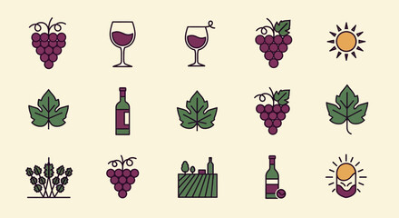 A collection of vector illustrations featuring wine-related icons. Grapes, wine glasses, bottles, leaves, vineyards and sun icons are displayed, creating a theme of viticulture and winemaking