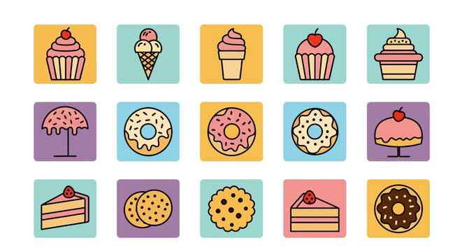Colorful, flat-design icons featuring various desserts, including cupcakes, ice cream, donuts, cookies, and cake slices, each within a square on a different color background