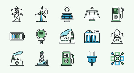 A collection of stylized icons showcasing various energy sources and infrastructure elements in a clean, colorful style. Includes renewable and non-renewable energy symbols