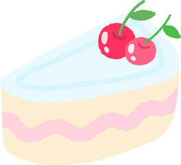 Pastel Cherry Cake Slice Illustration with Whipped Topping, Soft Decorative Dessert Clipart