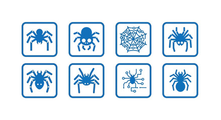 Eight blue, stylized spider icons encased in square boxes. Varied designs showcase arachnid forms and a circuit board web, offering a blend of nature and technology. White background
