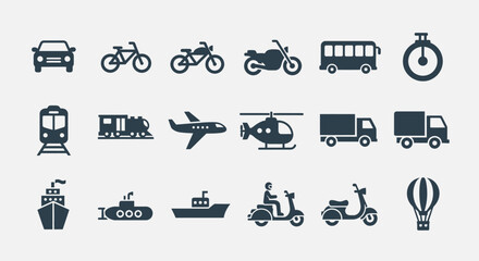 A collection of simple, monochromatic icons representing various modes of transport, including land, air, and sea vehicles. Stopwatch, too. Ideal for design elements or UI/UX applications