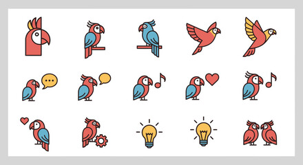 A set of colorful, vector-style parrot icons in various poses, including talking, flying, with musical notes, hearts, gears, and lightbulbs, on a plain background © gudangPIXEL