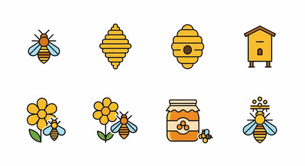 Colorful vector illustration of honey-related icons. Depicted are bees, hives, flowers, and jars of honey, all in a flat, cartoon-like style, arranged on a white background